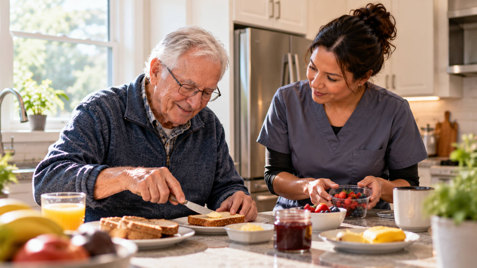 Caregiver smiling as an elderly man butters his morning toast at the kitchen counter.