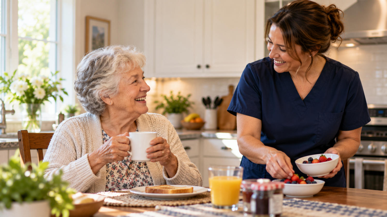 quality-home-care-breakfast-routine Female caregiver in navy scrubs serving fresh berries to a senior woman holding coffee at the breakfast table.