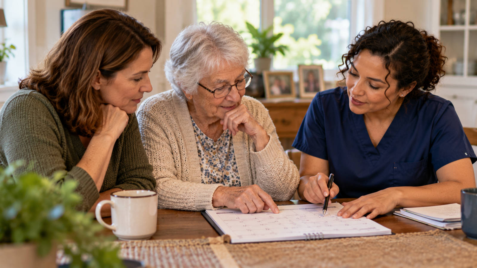 Senior woman, adult daughter, and home care professional reviewing a calendar together at a table.