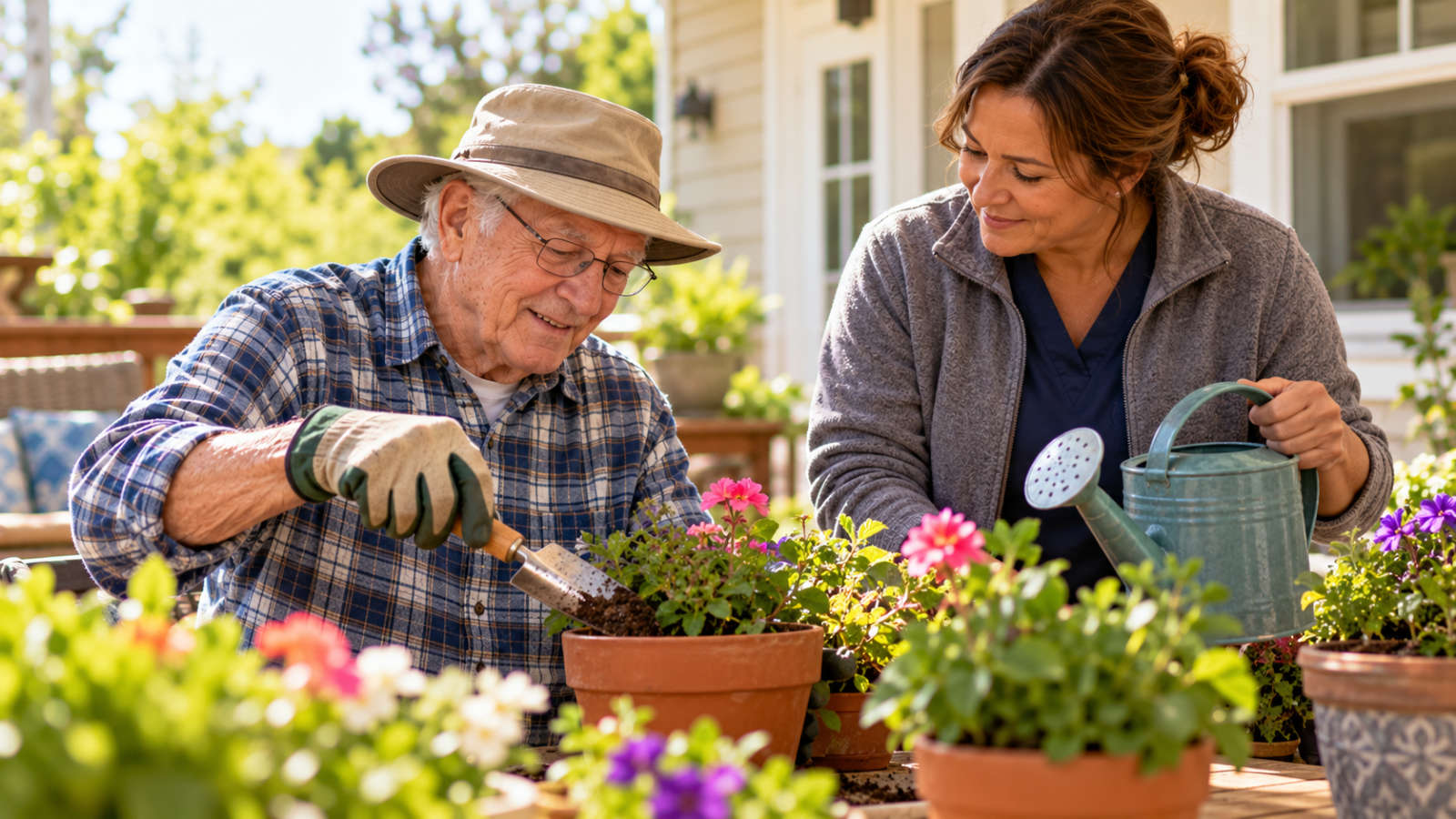 Senior man planting flowers in a terra-cotta pot alongside a home care companion holding a watering can.